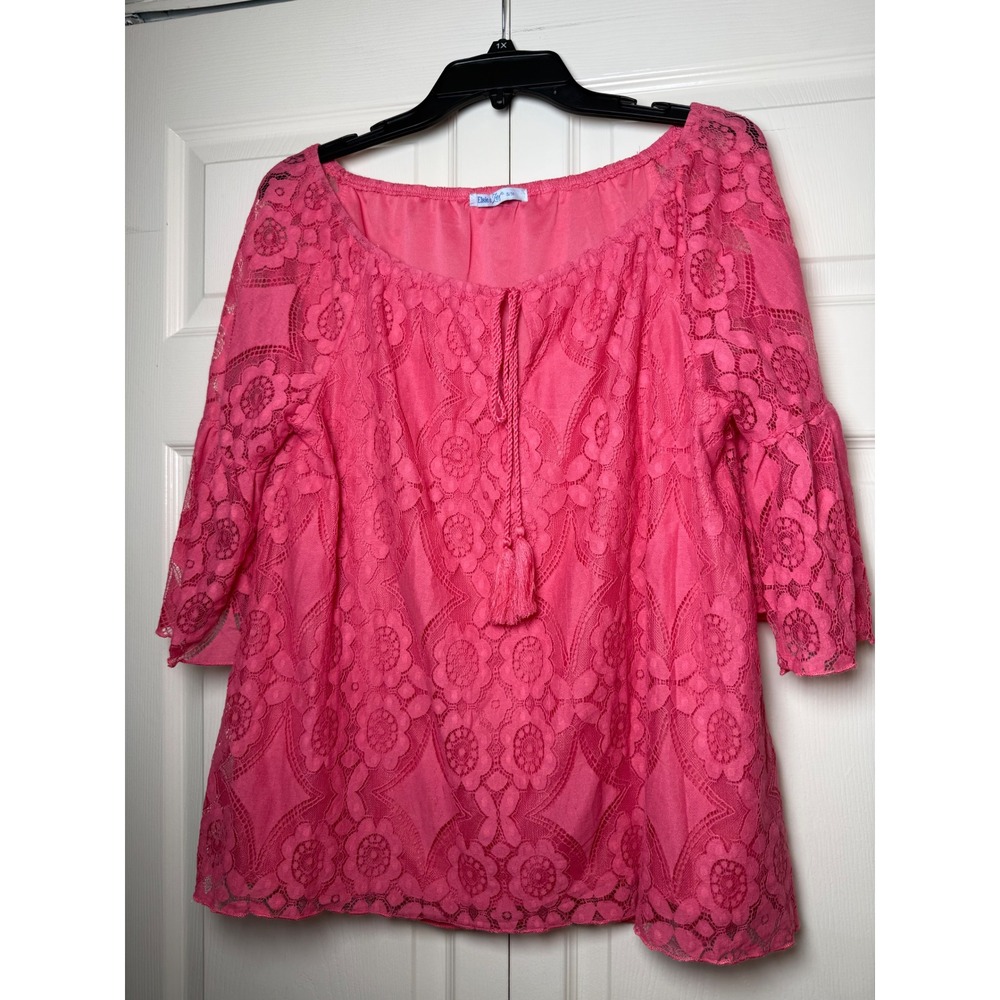 Elsie & Zoey Pink Lace Bell Sleeve‎ Tassel Tie Blouse Top S/M
